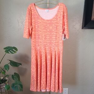 LuLaRoe Orange Geometric Pattern Nicole Dress with Scoop Neck 2XL NWT